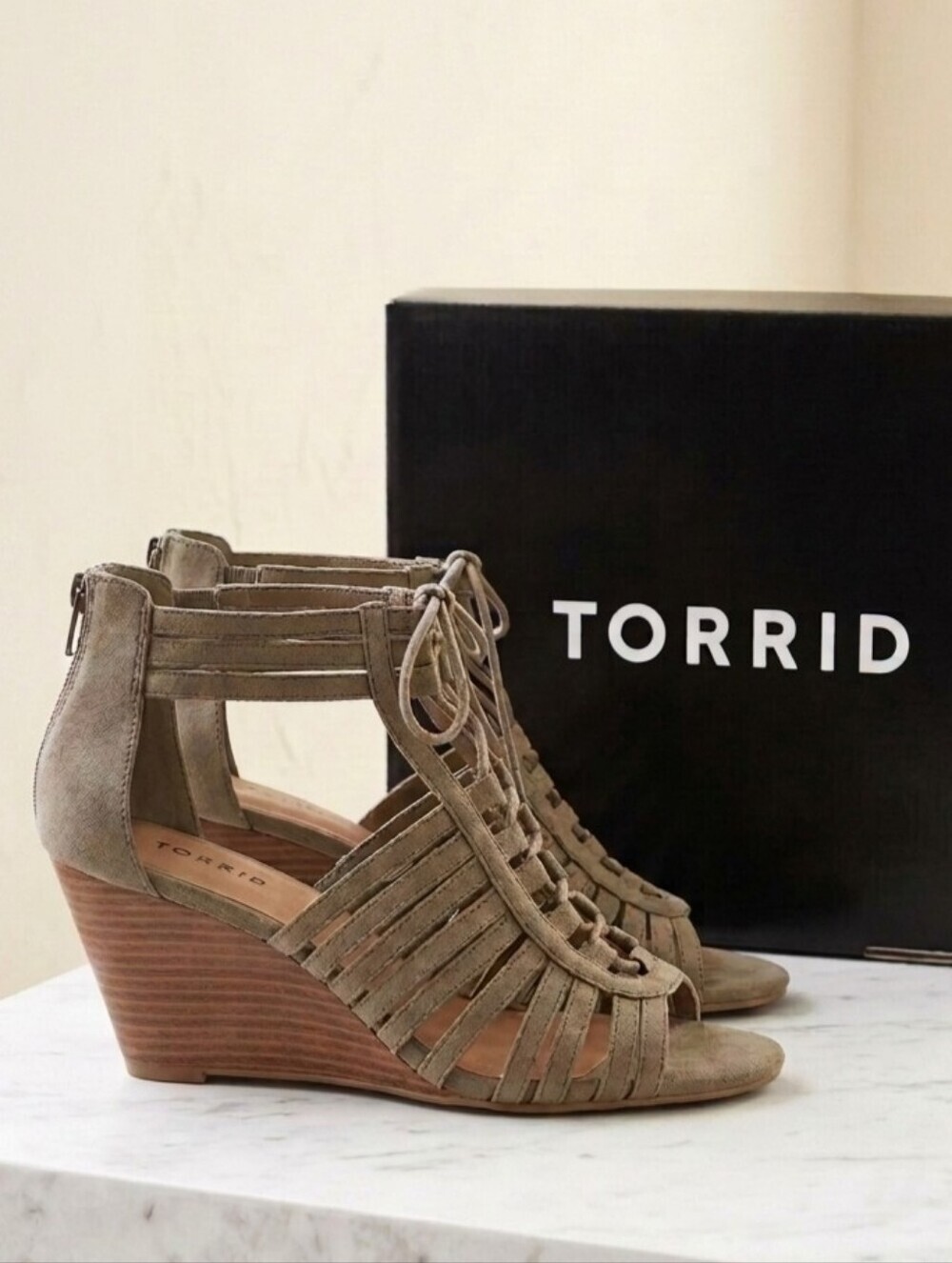 NEW! Torrid Taupe Faux Suede Wedge Sandals, Size 11